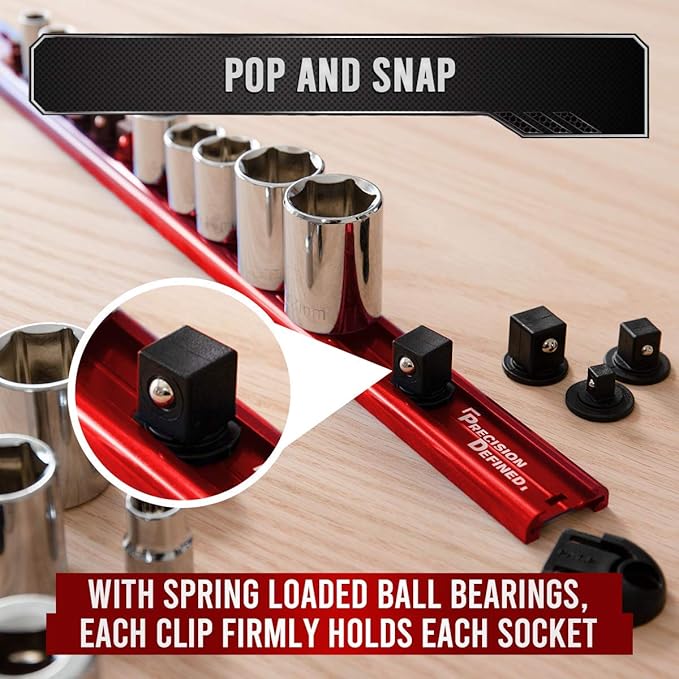 Precision Defined Aluminum Tool Holder | Red Single 1/2-Inch Socket Organizer x 14 Clips | Heavy Duty Rotating Socket Tray