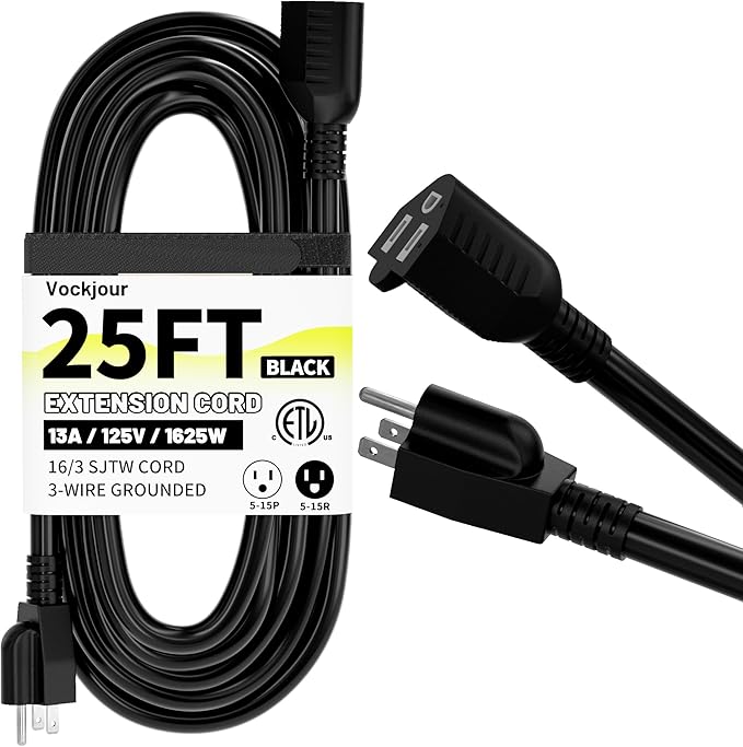16/3 Black Indoor Outdoor Extension Cord 25 Ft Waterproof, Extension Cord with 3 Prong Grounded Plug,13A 1625W 16AWG SJTW, Flexible Weatherproof Power Cable for Offices, Gardens and Lawns