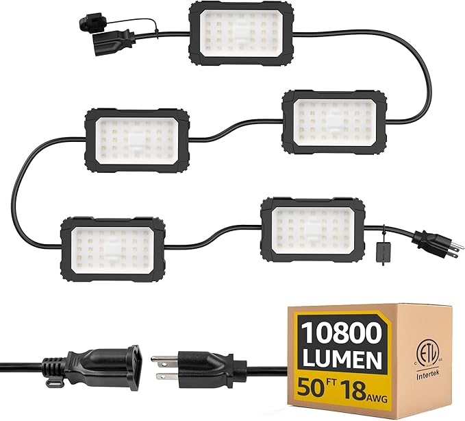LED Work String Lights: 3 Prong Super Bright 90W 10800LM ETL Listed Linkable Waterproof Outdoor/Indoor Temporary Hanging Lighting for Construction Attic Jobsite Garage