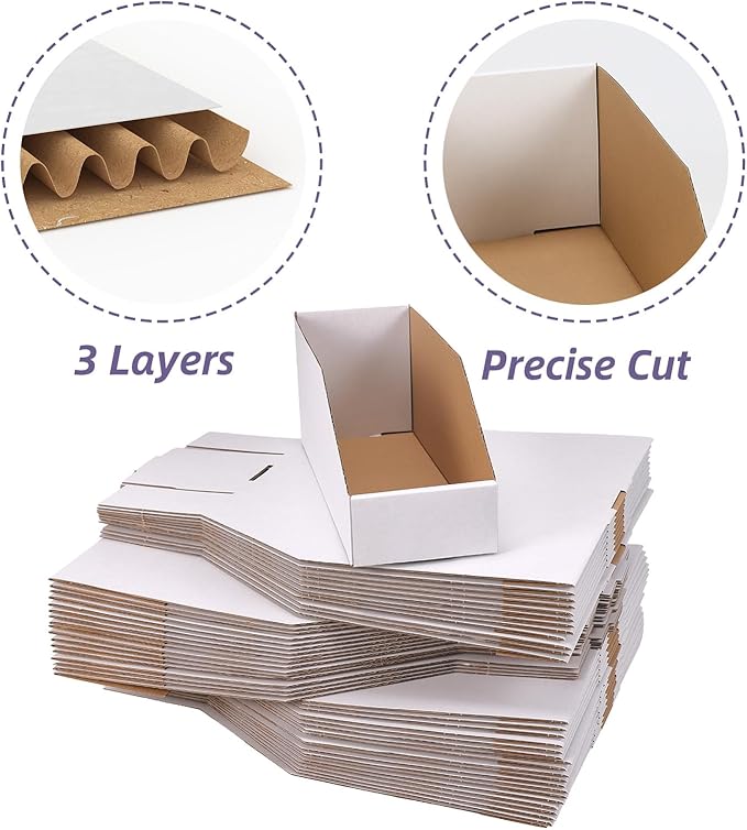 EXYGLO Cardboard Storage Bins 50 Pack, 12x4x4.5 Inch Cardboard Boxes, Corrugated Organizer Bins for Pantry, Shelves, Garage, Office, Shop, White