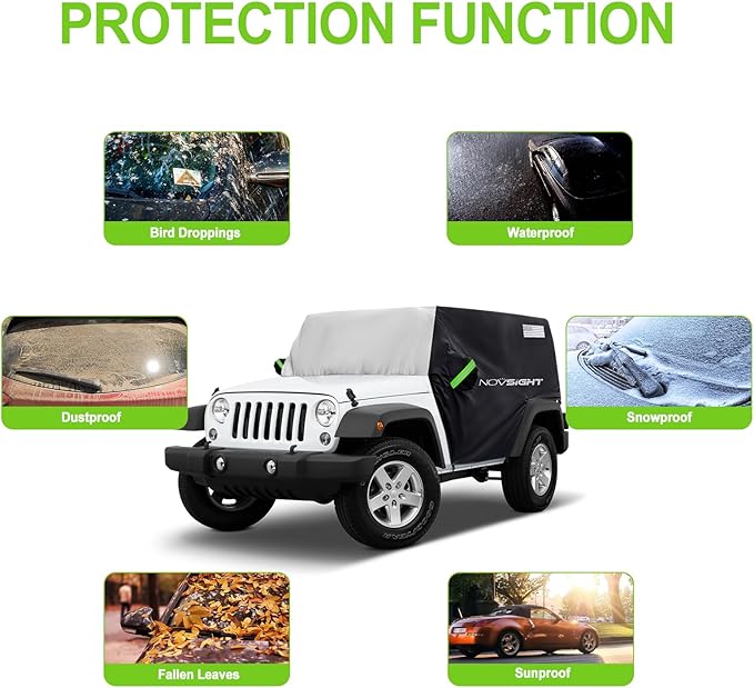 NOVSIGHT Cab Cover for Jeep Wrangler 2 Doors - 2007-2025 CJ, TJ, JK, JL, All Weather Half Car Covers for Wrangler 2 Door with 3 Straps Anti-UV Windproof Rain-Proof Auto Cover with Storage Bag