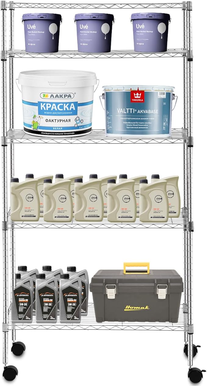 PayLessHere | 5-Tier Wire Shelf with Wheels | 14"x30"x60" | Chrome | Adjustable Racks | Heavy-Duty Storage Shelves, Holds Upto 220 lbs | Rust-Resistant, No-Tool Assembly | for Home, Garage Shelving