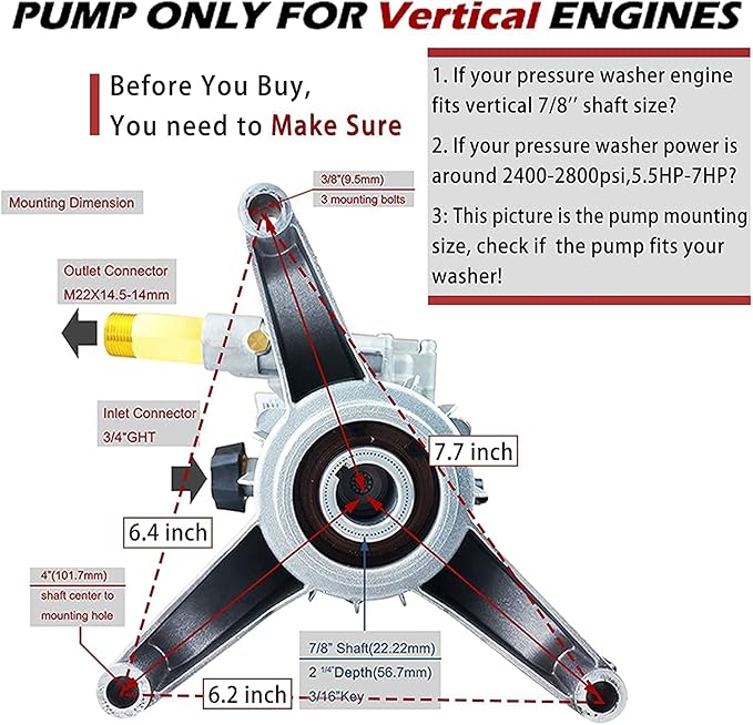 7/8'' Shaft Pressure Washer Pump Replacement Rear Inlet/Outlet 2400-2800PSI Pumps Replacement for Power Pressure Washer, Compatible with GCV190, 308653078, Craftman, Simpson, Ryobi, Honda and More