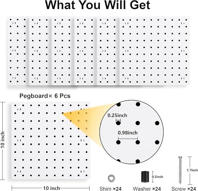 6Pcs Peg Board, Pegboard Wall Organizer Panels, White Pegboard Wall Mount, ABS Pegboard for Craft Room Garage Kitchen Workshop Garage, ABS Peg Boards Easy Installation (White)