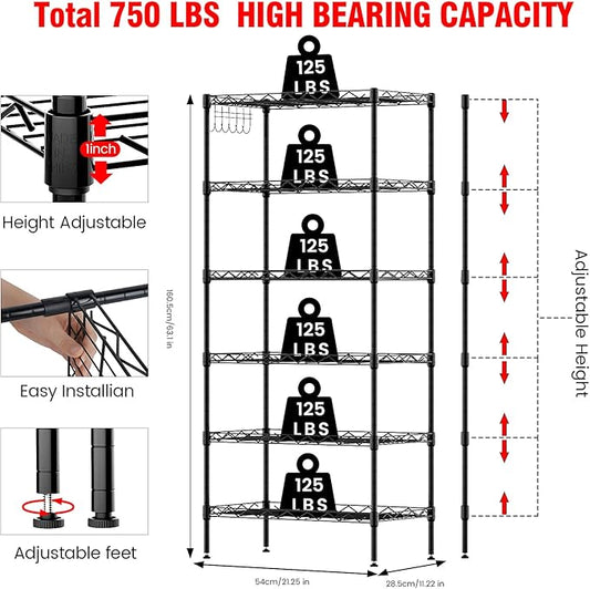 6-Shelf Shelving Storage Unit,Heavy Duty Metal Organizer Wire Rack with Leveling Feet, Stainless Side Hooks for Bathroom Kitchen Garage 750Lbs Capacity (Black)