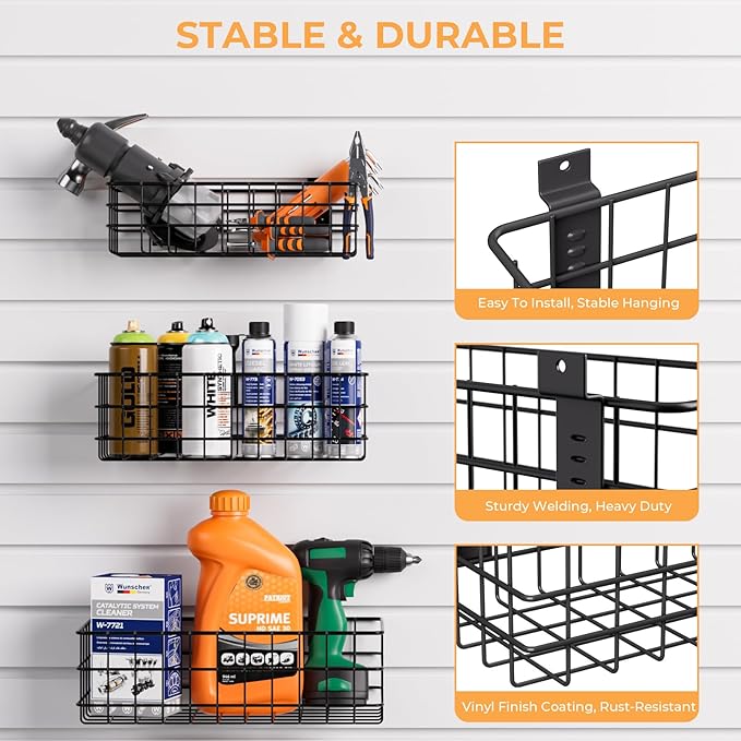INCLY 27PCS Slatwall Accessories Kit, Includes 3 Pack Ventilated Metal Wire Slat Wall Baskets, Multisized Heavy Duty Slatwall Hooks and Storage Strap for Room Workshop Garage Organization