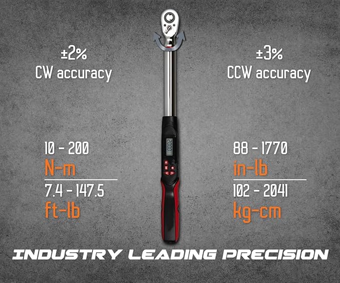 Tapha Tools 1/2 inch Digital Torque Wrench 7.4-147.5 ft-lbs (10-200 N-m) Torque Range ±2% Accuracy, LED and Buzzer Notification, Preset Memory, ISO 6789 Tested and Calibrated