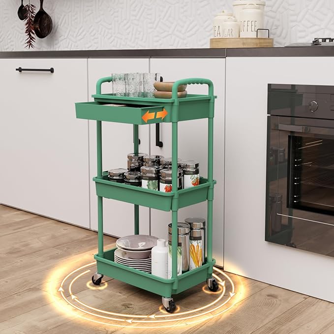 REBECAT 3 Tier Rolling Utility Cart with Drawer,Rolling Storage Cart,Storage Cart for Kitchen,Bathroom,Living Room, Organizer with Iron Wheels(Green)