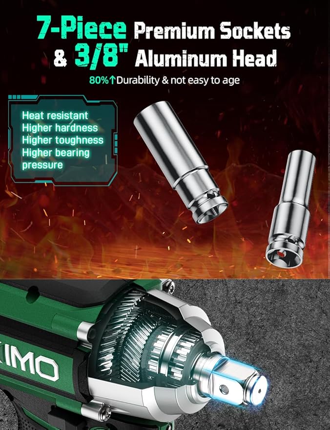 KIMO Cordless Impact Wrench, 1200N.m/900ft-lbs, 4000 RPM, 7Sockets High Torque Brushless Wrench with 3/8" Chuck, 4000mAh Li-ion Battery, Fast Charger, Variable Modes Power Impact Driver for Car Tires
