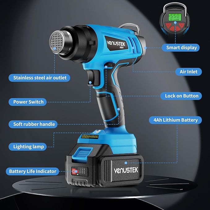 20V Cordless Heat Gun with 2 x 4.0Ah Batteries (122℉–1022℉) Fast-Heating Hot Air Gun Kit with Screen Display Variable Temperature Wind Speed, Portable Heat Gun for Shrink Tubing Vinyl Wrap