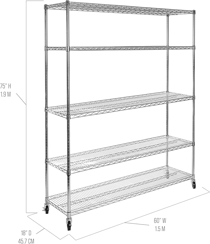 Seville Classics UltraDurable Heavy Duty NSF Solid Steel Wire Rack Storage Unit Organizer for Garage, Warehouse, Office, Restaurant, Classroom, Kitchen, 5-Tier Shelving, 60" W x 18" D