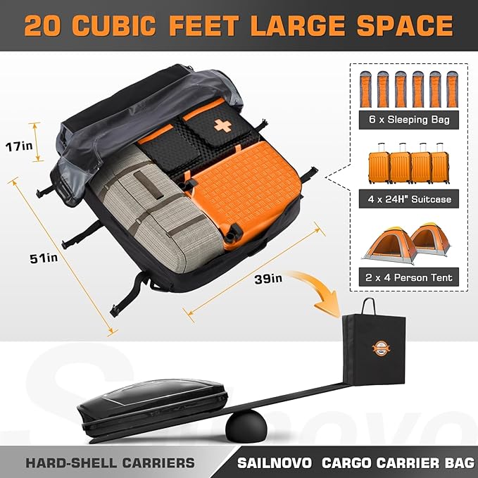 Sailnovo Car Rooftop Cargo Carrier Roof Bag 20 Cubic Feet Waterproof Car Top Carrier, Fits Most Vehicle with/Without Rack, Include Anti-Slip Mat,6 Reinforced Straps,6 Door Hooks