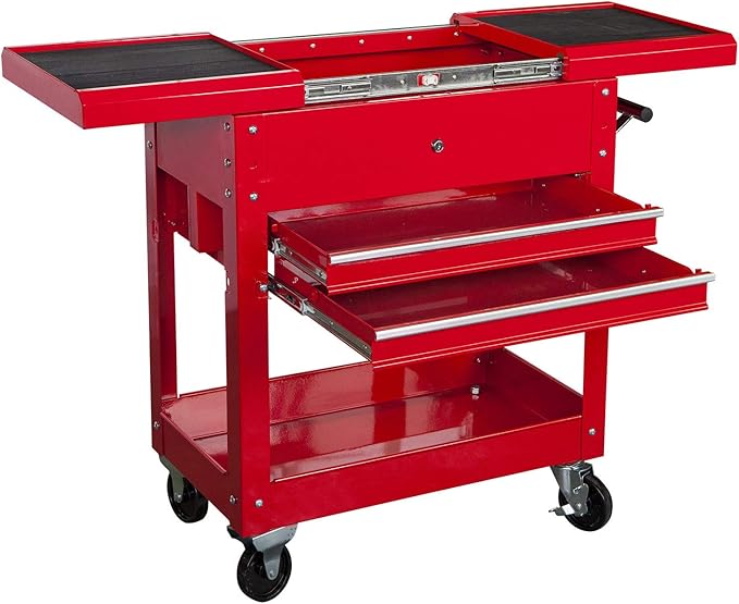 Wolf Rolling Garage Workshop Tool Organizer: 2 Drawer Tool Chest Tray with Top Work Surface and Storage Push Cart, Red, Large