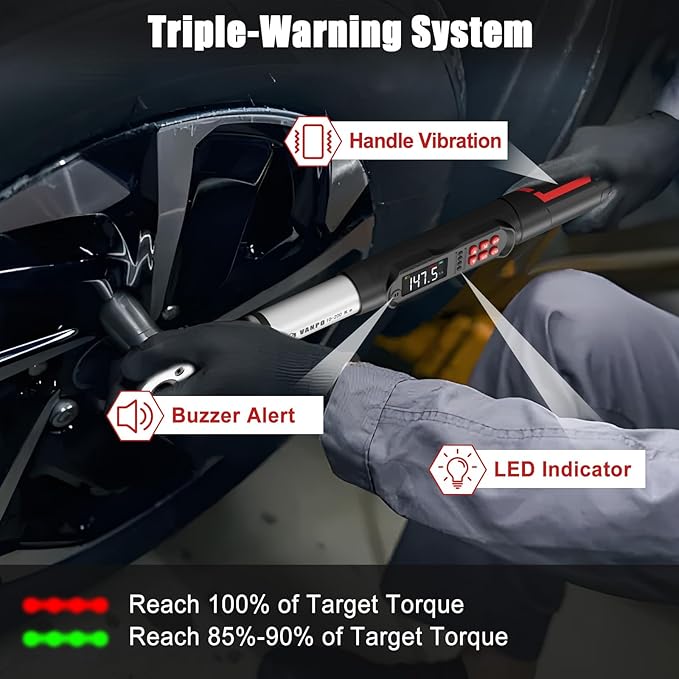 VANPO Adjustable Digital Torque Wrench, 7.4-147.5Ft.lb/10-200Nm, ±2% Accuracy, HVAC Torque Wrench Interchangeable 38mm Jaw & 1/2" Ratchet, Buzzer, Vibration and LED Alert for Split AC, Car