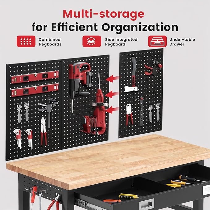ENJOYWOOD Work Bench with Storage Adjustable Workbenches with Drawer for Garage 48 Inch Rubber Wood Top Garage Workbench with Pegboard, Power Outlets for Woodworking,Home, Office, Workshop