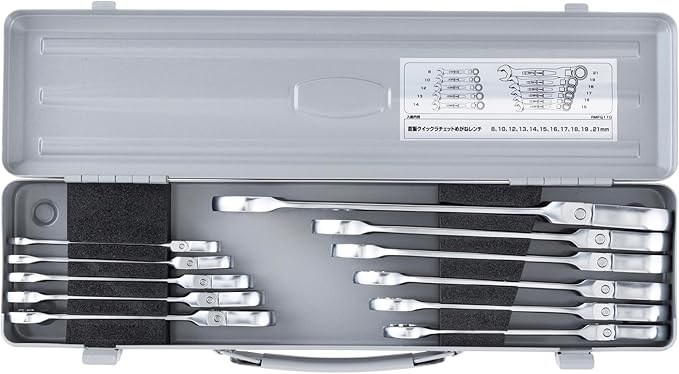 TONE Ratchet Ring Wrench Set Reversible Offset RMR110 Silver 11-Piece
