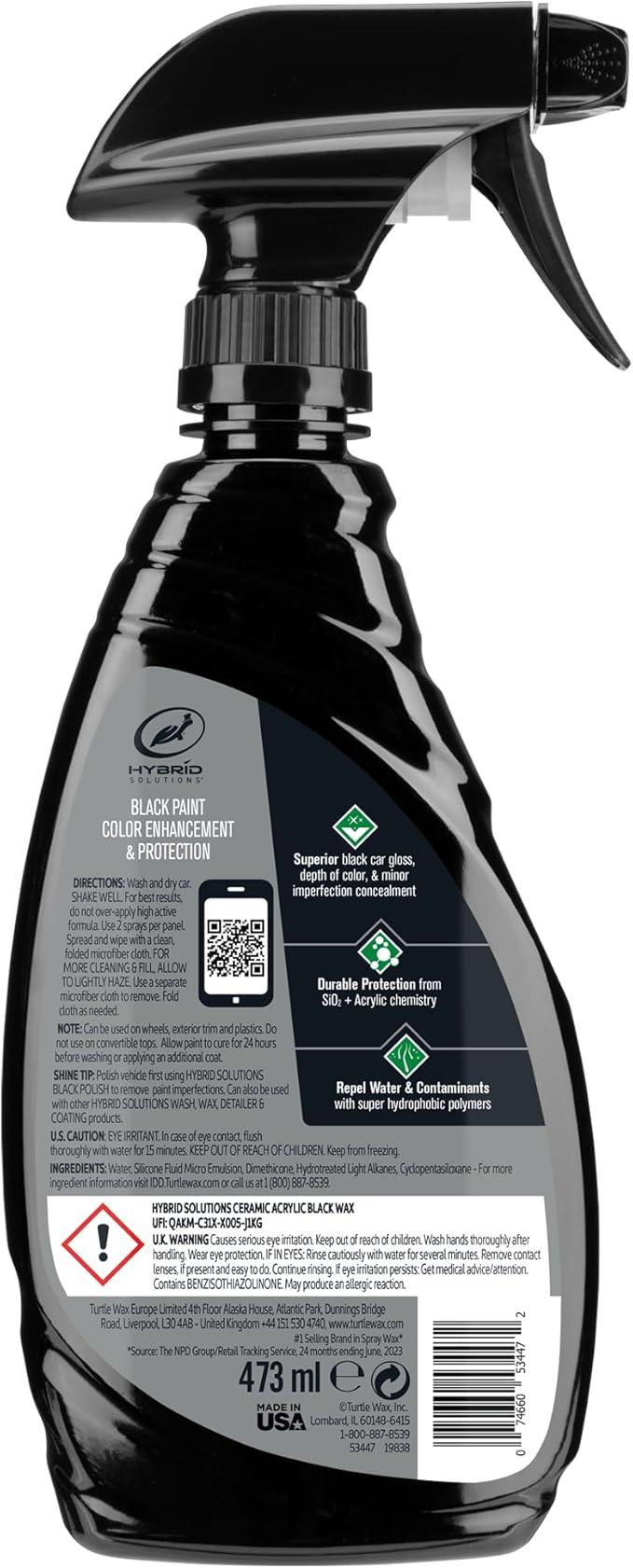Turtle Wax Hybrid Solutions Ceramic Acrylic Black Car Wax Spray, Restores Apperance of Black Car Paint, Ceramic Coating Protection, Extreme Water Beading, High Gloss Shine, 16 oz (Pack of 6)