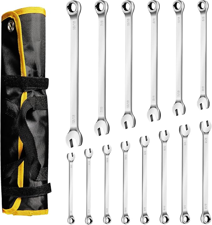 14 Piece Combination Wrench Set,1/4”-15/16” SAE Wrench Set, Open End and 12-Point Box End Wrenches, CR-V Steel Mirror Chrome Polished, With Wrench Roll