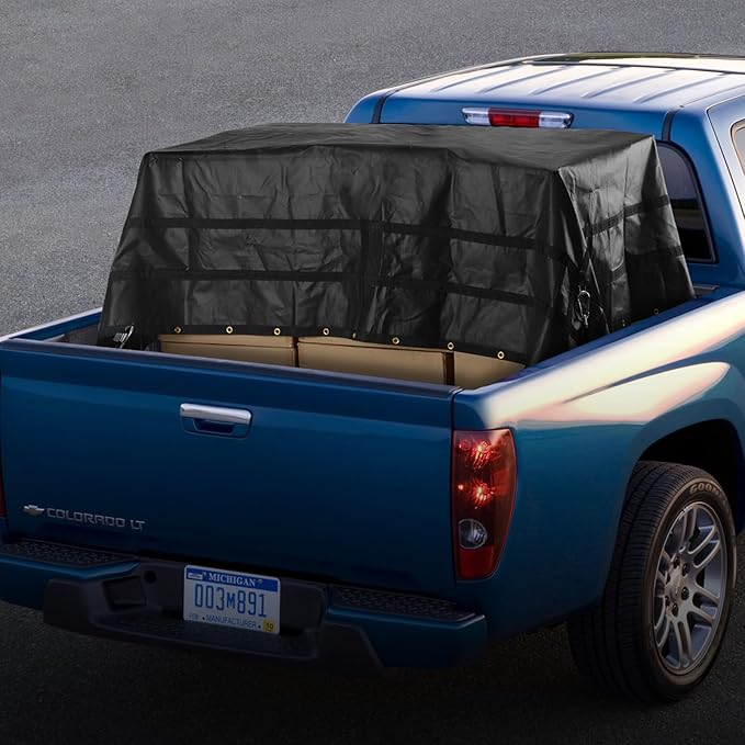 VEVOR Waterproof Cargo Net, 120 in x 105 in, Heavy Duty Truck Cargo Net-(WLL) 700lbs, 4 Adjustable Straps with Carabiners & S-Hooks, Truck Bed Cover for Trailer, Pickup, Boat, Jeep, SUV 8.75’x10’