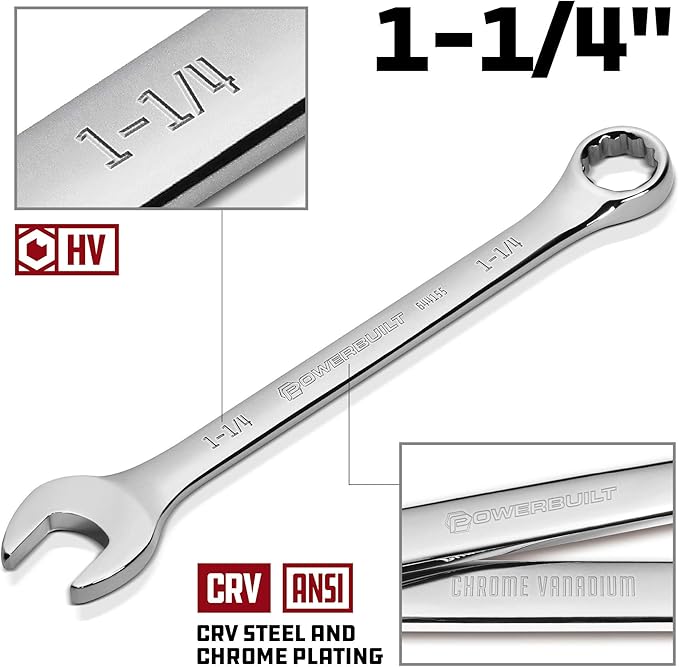 Powerbuilt 1-1/4 inch SAE Combination Wrench, 12 Point Double Ended Box and Open End, 15 Degree Offset Polished 644155
