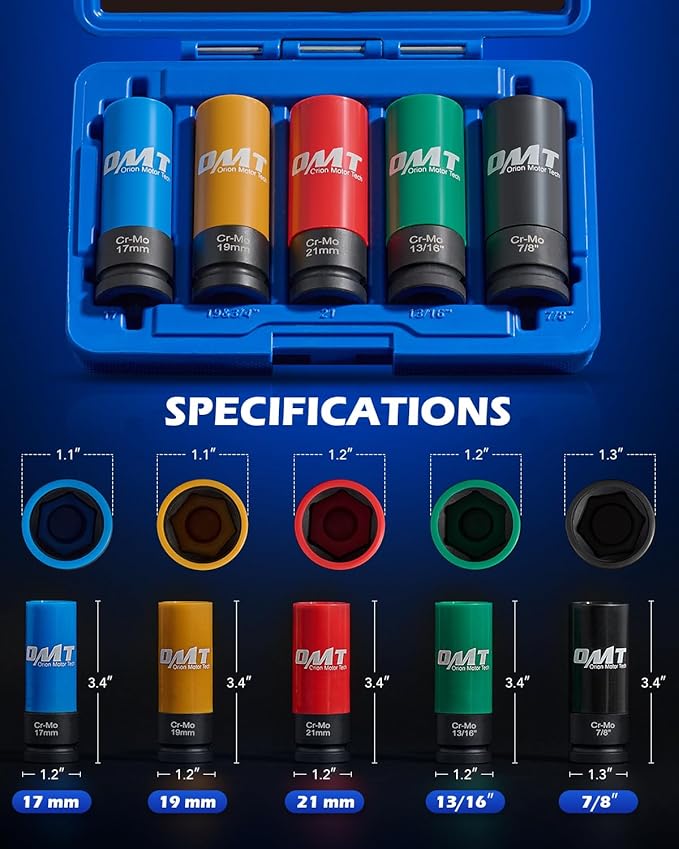 Orion Motor Tech 1/2" Drive Lug Nut Socket Set, Metric 17 19 21 mm & SAE 13/16 7/8 in. Wheel Socket Set, 5pc Impact Lug Nut Socket Set, Thin Wall Lug Nut Sockets with Colored Protective Covers