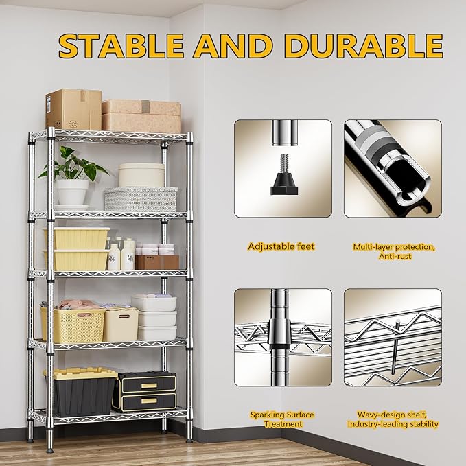 M MZG 1250 lbs 5 Tier Shelf Metal Storage Shelves Shelving Wire Rack Heavy Duty Closet Organizers for Garage Kitchen Bathroom Laundry Chrome 13.8" D x 29.5" W x 59.5" H
