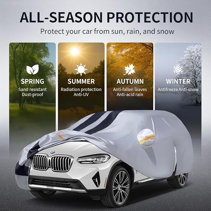 Multi-Layer Car Cover Custom Fit for BMW X3(2010-2026), 100% Waterproof All Weather for Automobiles, Gift with Towel, Heavy Duty Car Covers for Rain Sun UV Protection with Door Zipper.