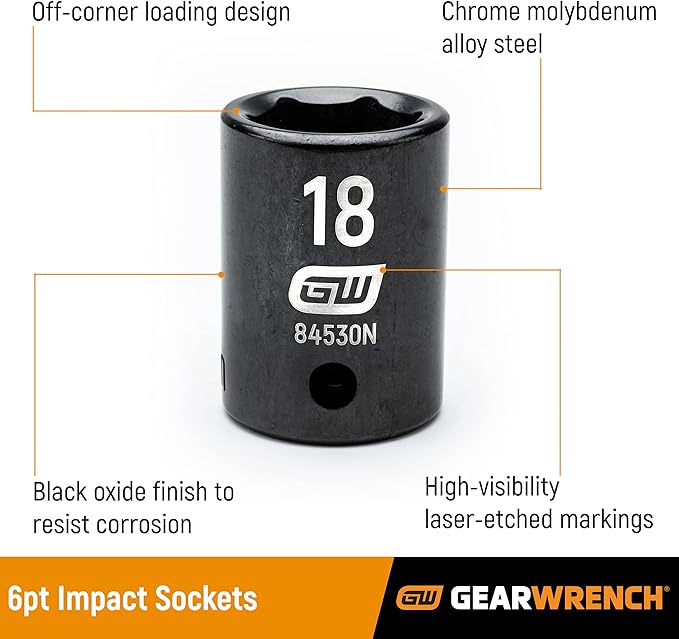 GEARWRENCH 8 Pc. 3/8" Drive 6 Pt. Standard Impact Socket Set, SAE - 84910N
