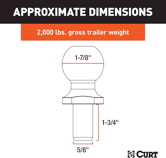 CURT 40096 Chrome ATV, UTV, Lawn Tractor Hitch Ball, 2,000 lbs, 1-7/8-Inch Diameter, 5/8 x 1-3/4-Inch Shank