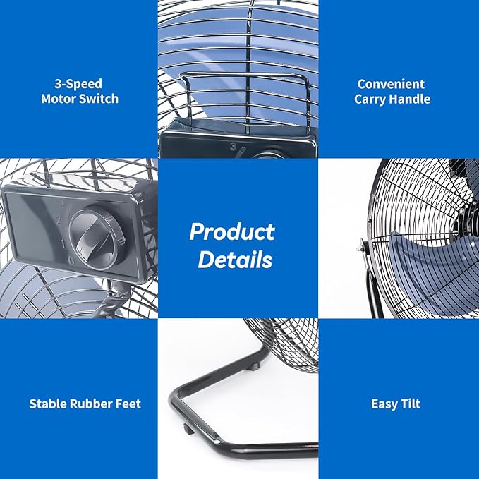 TEMPWARE 20 Inch High Velocity Industrial Floor Fan, 3-Speed Heavy Duty Metal Cradle Floor Fans with 360° Tilt for Warehouse, Workshop, Garage, Factory and Basement, Black & Blue