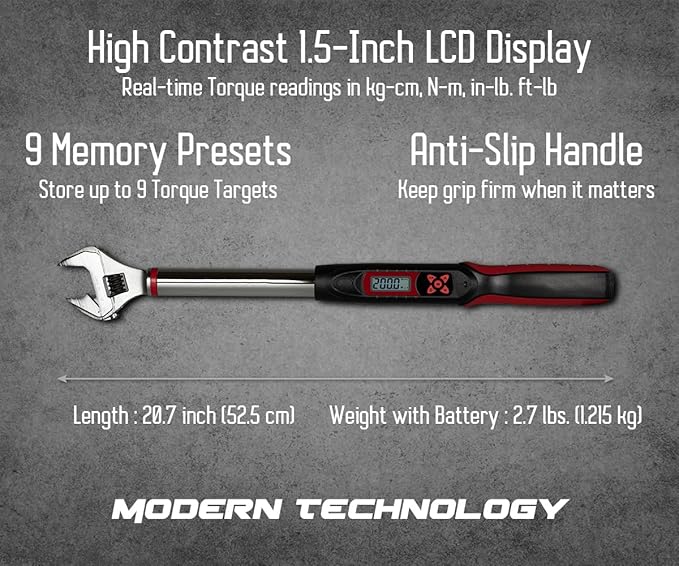 Tapha Tools Adjustable Digital Torque Wrench 7.4-147.5 ft-lbs (10-200 N-m) Torque Range, 5-30 mm Adjustable Jaw, LED and Buzzer Notification, Preset Memory, ISO 6789 Tested and Calibrated