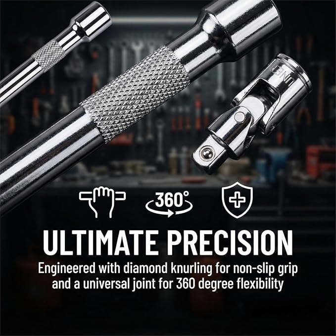 EMSTAR 4PCS 1/4" Drive Socket Extension Set, 2", 4", 6" (50mm, 100mm, 150mm) Bars with Universal Joint, Premium Cr-V Steel