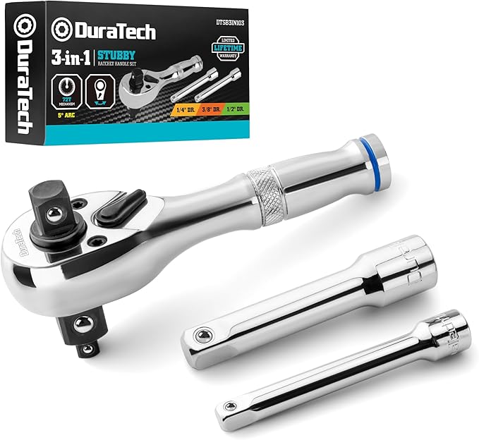DURATECH Stubby Ratchet Set, 3-IN-1 Ratchet Handle, with 2 Extension Bars, 1/4", 3/8", 1/2" Drive Ratchet Wrench, 72-Tooth, Reversible Switch, Full-Polished Chrome Plating, Alloy Steel