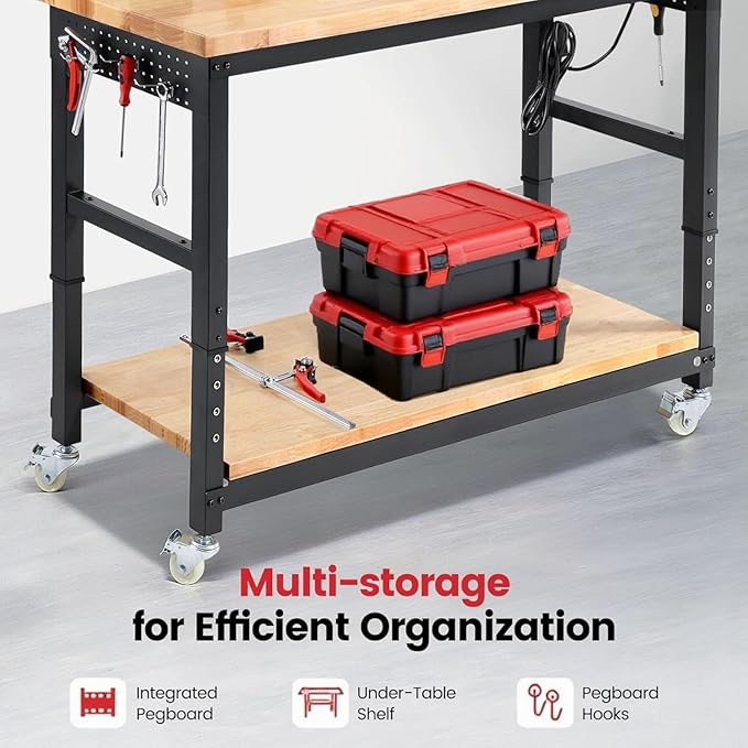 ENJOYWOOD 60" x 22" Rolling Workbench Adjustable Height Work Table with Wheels, Under Table Shelf, Pegboard & Power Outlets Heavy Duty Rubberwood Top for Garage, Office & Home