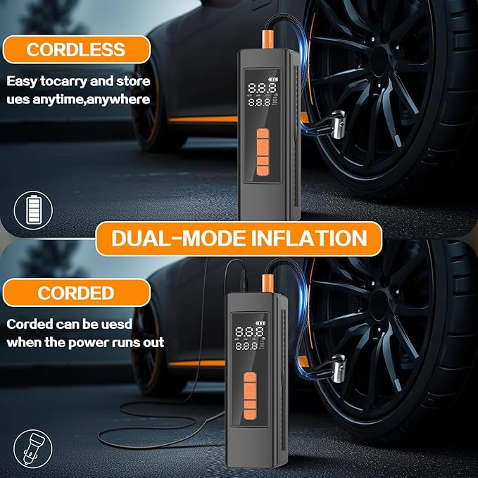 Tire Inflator Portable Air Compressor, 5X Faster Portable Air Compressor for Car Tires with Powerful Battery, 150PSI Cordless Air Pump with Digital Pressure Gauge for Cars, Bike, Motor, Balls,Tires