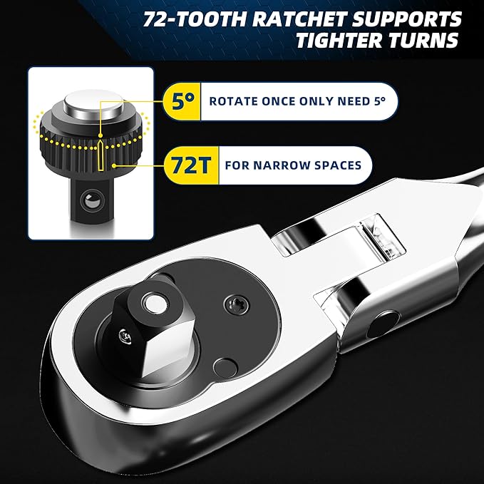 PRIDE&CRAFT 1/4" Drive Flex Head Ratchet 72-Tooth, Socket Wrench Quick Release Reversible Design, Swivel Head Ratchet, Chrome Alloy Made, EVA Organizer