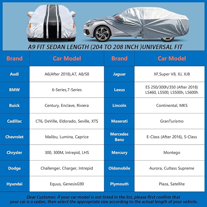 10-Layer Car Cover Waterproof All Weather. Outdoor Full Exterior Covers for Automobiles Fit Dodge Charger Challenger,BMW 6 Series, Cadillac CT6. Size A9 (Length 204 to 208 inch)