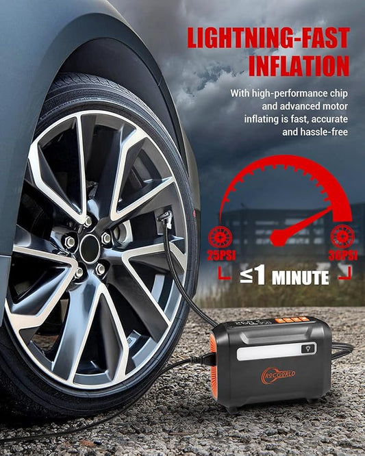 ROCGORLD R8 Tire Inflator Portable Air Compressor, DC 12V Air Compressor for Car with Large Dual Digital Screen, 3X Faster Inflation Air Pump for Car Tires, Bike, Ball, Motor - Car Accessories