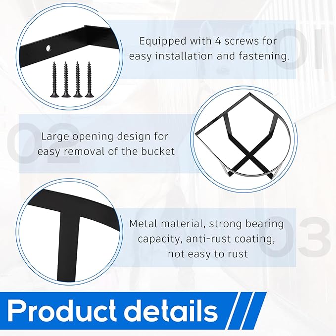 4 Pcs Heavy Duty Metal Bucket Holder 5 Gallon Horse Water Feed Bucket Holder Pre Installed Pail Accessories Wall Mount Hang Organizer for Horse Stalls Barn Farmhouse Supplies