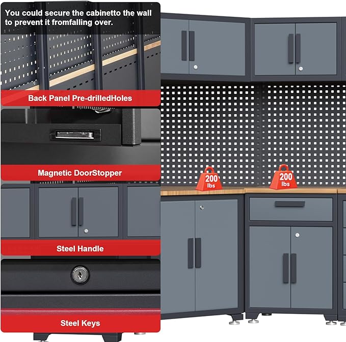 16PCS Garage Storage Cabinet System - Heavy Duty Workshop Set w/Corner Cabinet Includes Workbench, Pegboard & Lockable Drawers | Metal Tool Organization System for Garage/Workshop