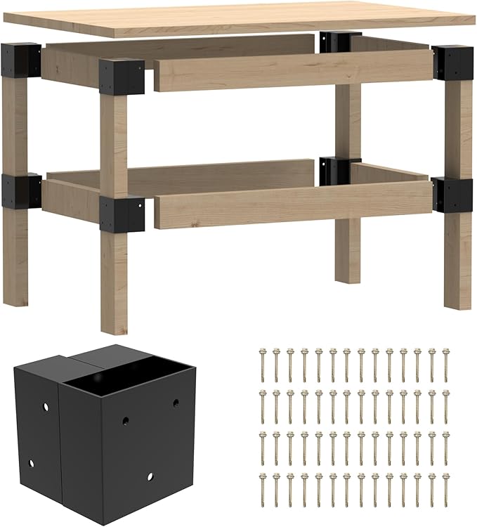 2' x 4' Basics Workbench Kit, 4 PCS Heavy Duty 3-Way Brackets for Garage Workbench Legs Brackets, Metal DIY Work Bench Kit Suitable for Shelving, Work Table, Lumber Not Included