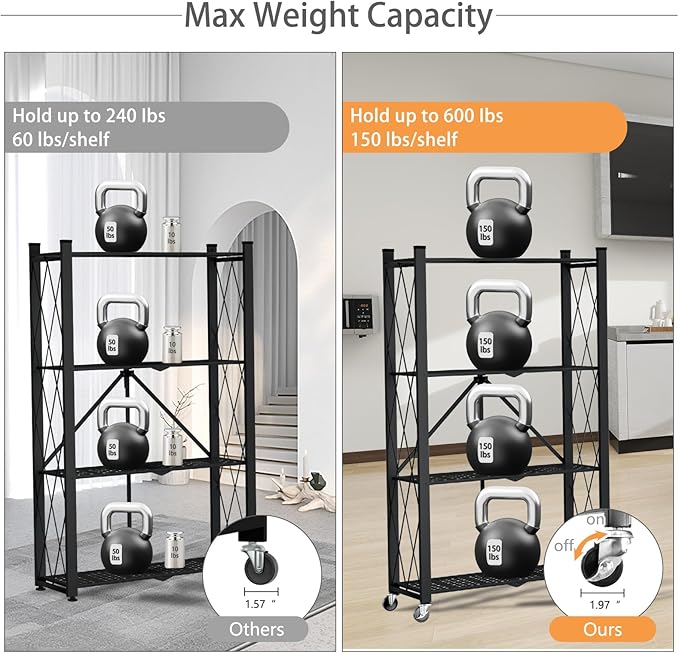 4 Tier Foldable Storage Shelf with Wheels, Heavy Duty Folding Shelf Loads 600 LBS, Metal Steel Collapsible Shelves, Rolling Standing Utility Rack for Kitchen, Pantry, Office, Black