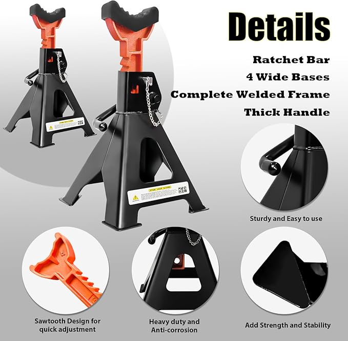 Jack Stands 6 Ton (13,200 LBs), 15.6"-23.4" Adjustable with Double Pin Locking,Heavy Duty Jack Stands with Extra Rubber Pads,Car Lifts for Home Garage 1 Pair Black