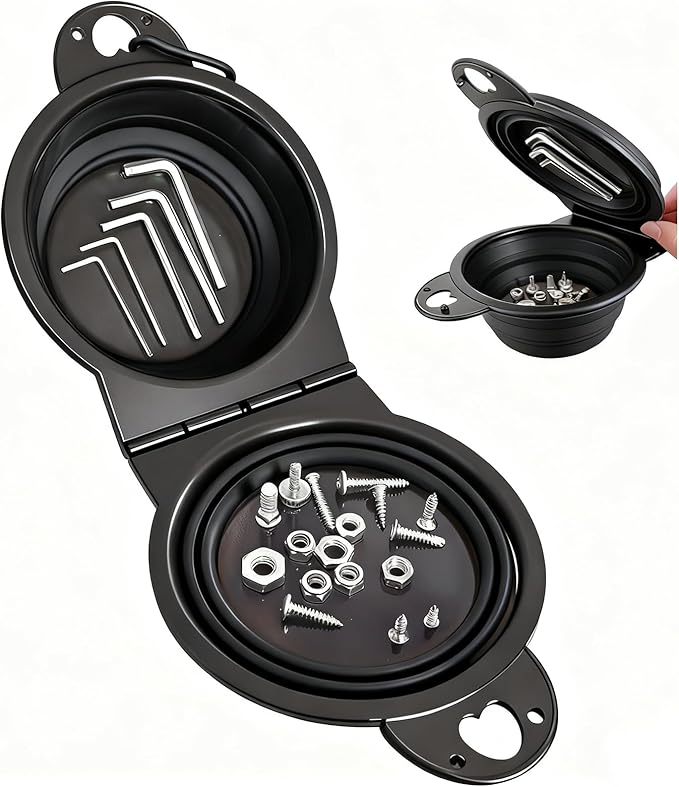 Collapsible Magnetic Parts Tray Set, New Upgraded Version Magnetic Trays, Integrated 5.1" Round Dual Silicone Bowls, Multi-Use Nuts And Bolts Organizer, Bonus Hook for On-the-Go Carry (black2.0)