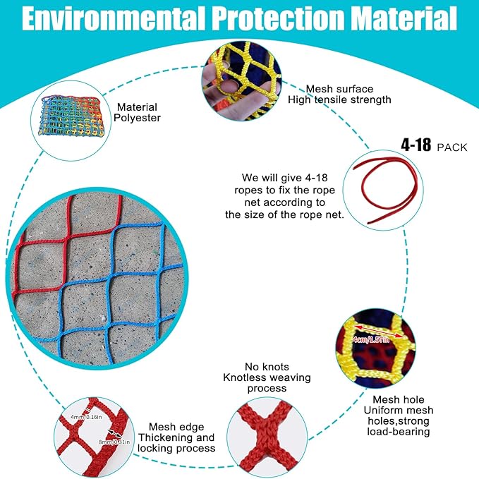 Climbing Cargo Net for Kids Outdoor Balcony & Playground Safety Net - Knotless Polyester Sports Netting