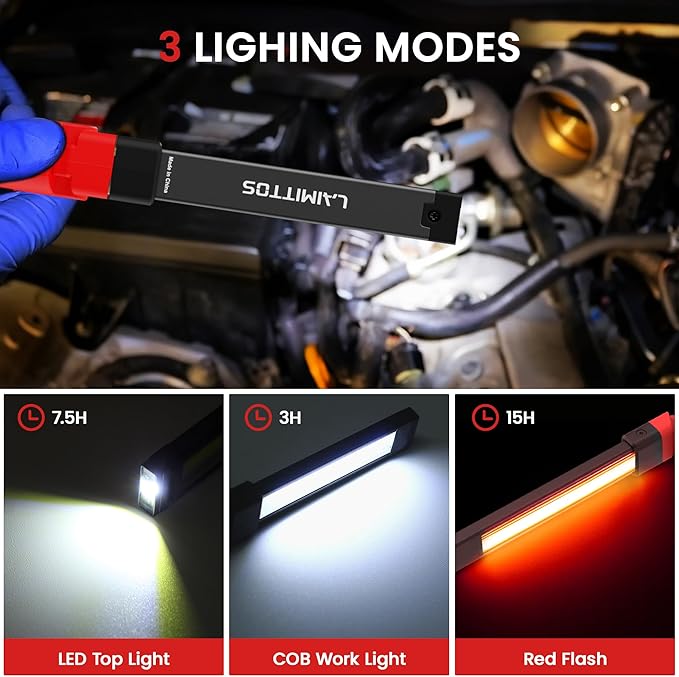 Rechargeable Work Light 2200mAh Magnetic LED Work Light Flashlight Mechanic Light Tool for Men Him, Foldable Lamp with Hook for Car Repair Emergency BBQ Grill (4 Pack)