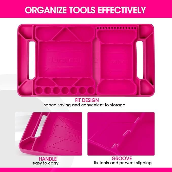 DuraTech Flexible Tool Tray, Silicone Tool Holder for Mechanics Storage, Heat and Chemical Resistant Tool Organizer for Automotive, Industry and Household(3pack Pink)