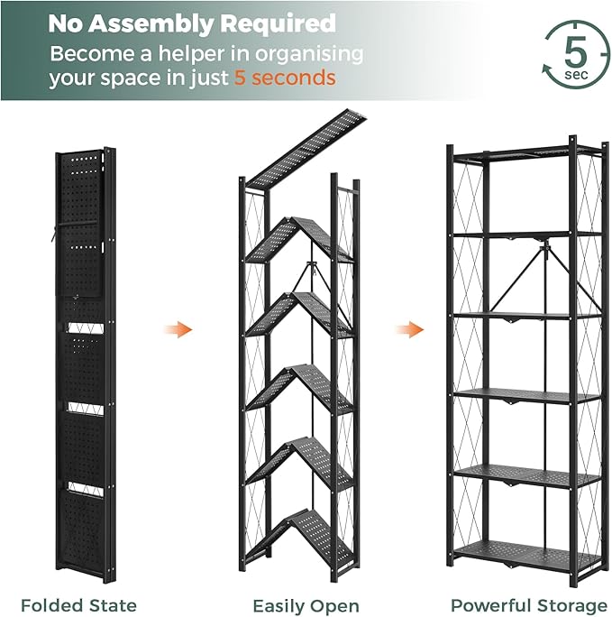 DEANIC 6-Shelf Folding Bookcase with Wheels, Heavy Duty Storage Shelves, Freestanding Metal Wire Shelving Unit for Living Room, Office, Kitchen, Basement, Pantry (Black 2 Pack)