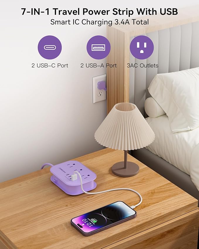 Purple Extension Cord-, 5 FT Kawaii Travel Power Strip, 1250W Cute Extension Cord with 3 AC Outlet 4 USB Desktop Charging Station, Purple Desk Accessories for Cruise Essentials, Travel, Home, Dorm.