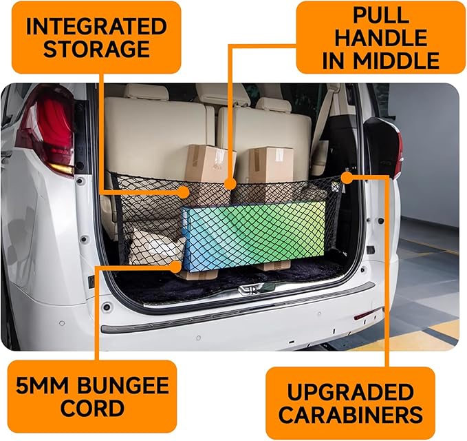 Truck Bed Cargo Net Trunk Netting Fit for All Pickup Trucks, SUV,Cars & Trailers,(51.2"x17.8" to 65"x17.8") Double Thick Heavy Duty Pickup Truck Bed Organizer-5mm Bungee,4 Metal Hooks
